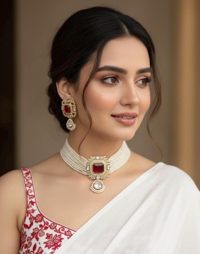 DISHA Ruby red pearl choker set, kundan polki necklace and earrings ,Indian Pakistani bridal jewelry, red ethnic traditional jewelry