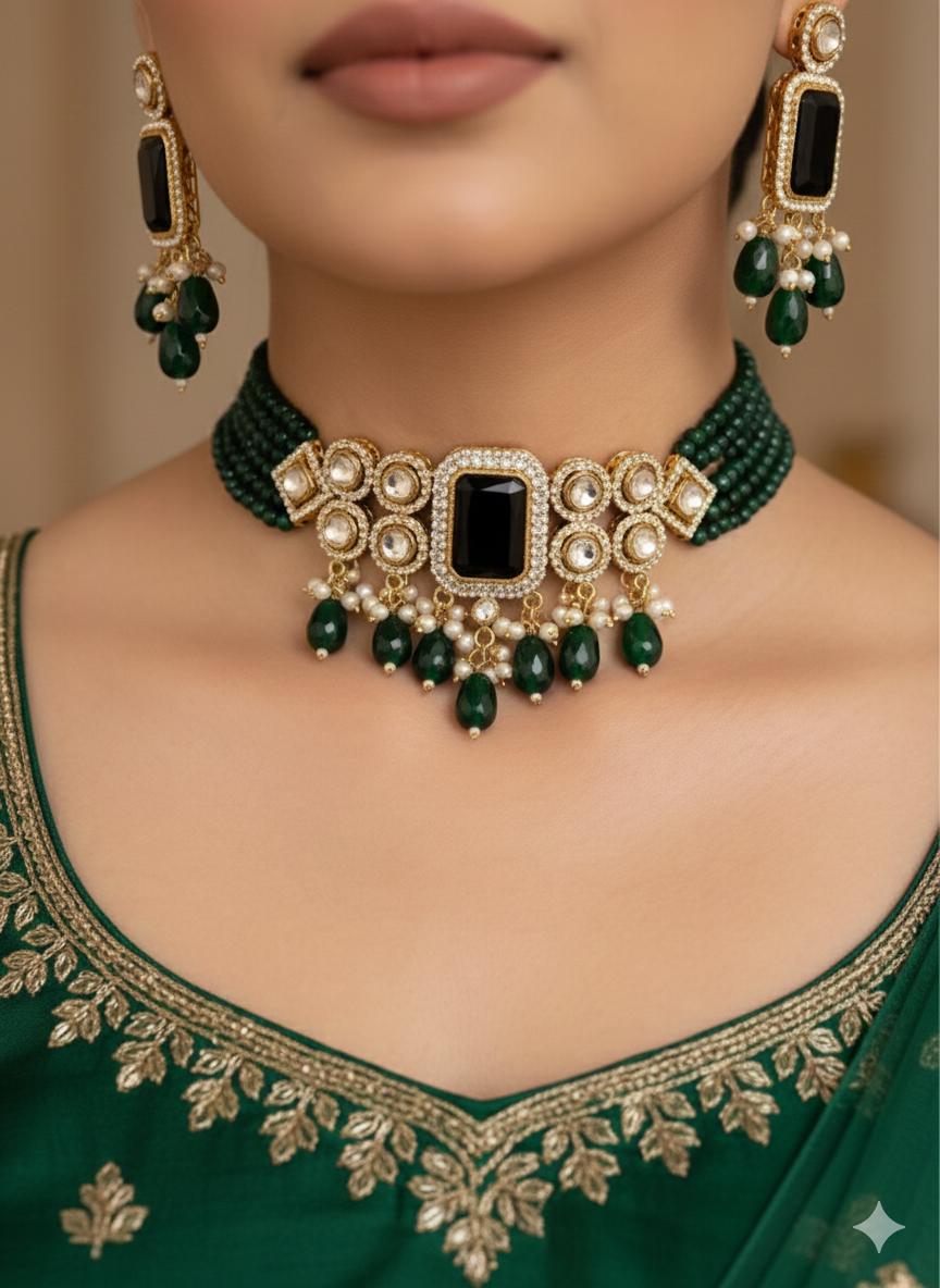 ZIMAL Green colour kundan and zircon choker  Necklace set, Indian Pakistani wedding bridal jewelry, green colour traditional jewelry