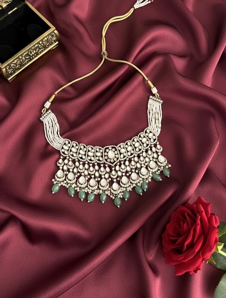 HAYA Mint and golden cz Kundan choker necklace set with maangtika, Indian Pakistani wedding bridal jewelry