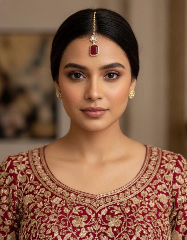 SAIRA Ruby red doublet stone maangtika in doublet stone, Indian bridal jewelry