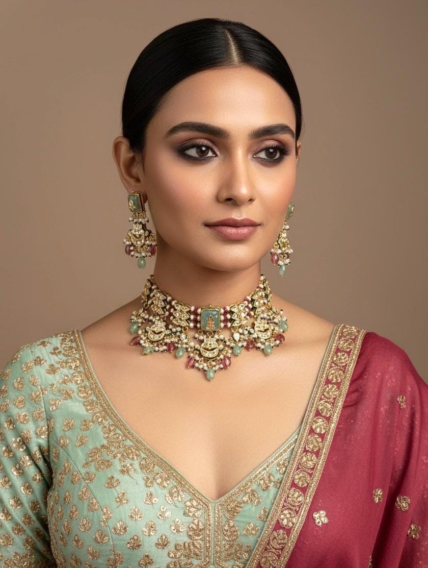 SHITAL Sabyasachi inspired Mint pink  Fusion Kundan choker set, necklace set, indian wedding Rajwada jewelry/ pakistani jewelry