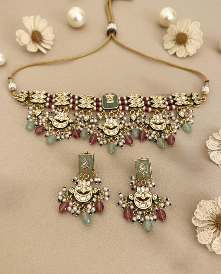 SHITAL Sabyasachi inspired Mint pink  Fusion Kundan choker set, necklace set, indian wedding Rajwada jewelry/ pakistani jewelry