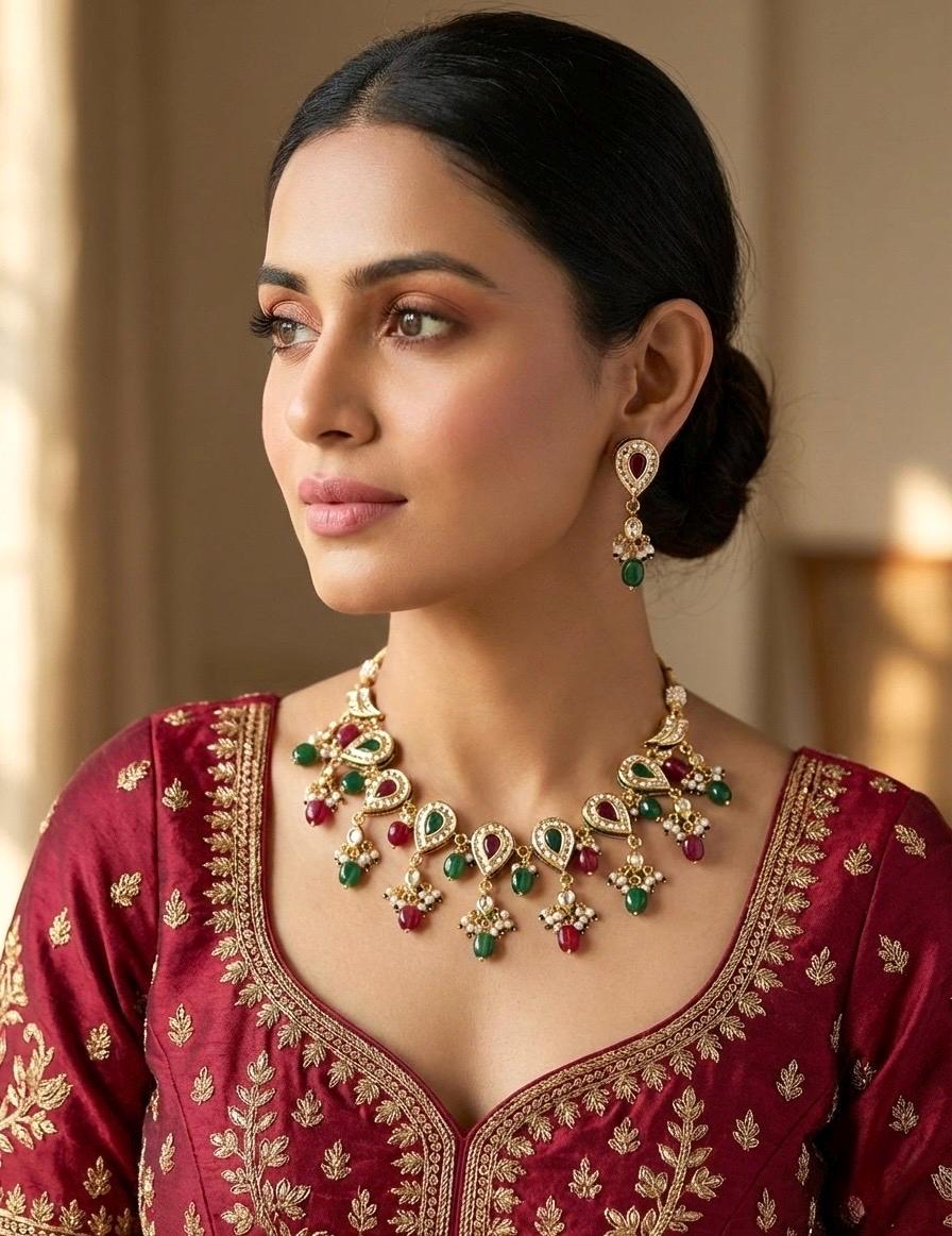 VEDIKA Sabyasachi inspired Ruby green  Fusion Kundan necklace set, indian wedding Rajwada jewelry/ pakistani jewelry