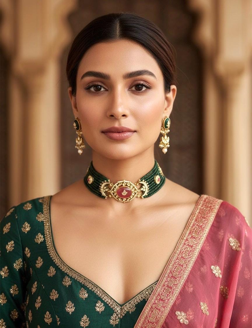 SNEHAL Sabyasachi inspired Green Fusion Kundan choker set, necklace set, indian wedding Rajwada jewelry/ pakistani jewelry