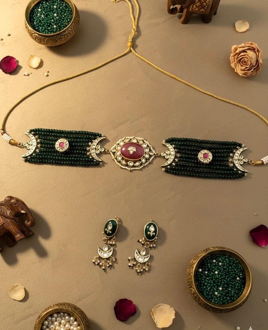 SNEHAL Sabyasachi inspired Green Fusion Kundan choker set, necklace set, indian wedding Rajwada jewelry/ pakistani jewelry