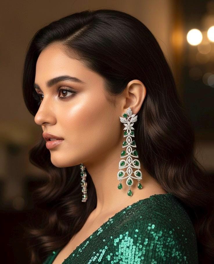 RISHIKA high quality Emerald green american diamond earrings Indian Wedding jewellery, bridal,bollywood jewelry, prom, zirconia danglers