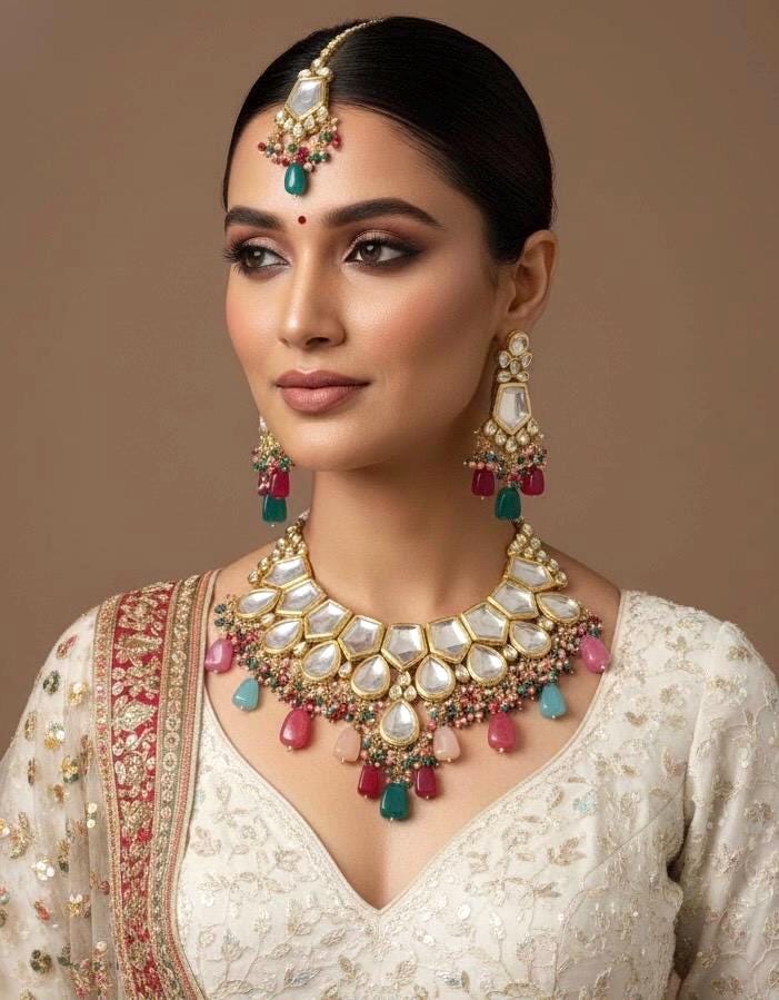 MALVIKA Kundan Necklace set ,multicoloured navratna jewelry, Indian Pakistani wedding bridal jewelry,maangtika included