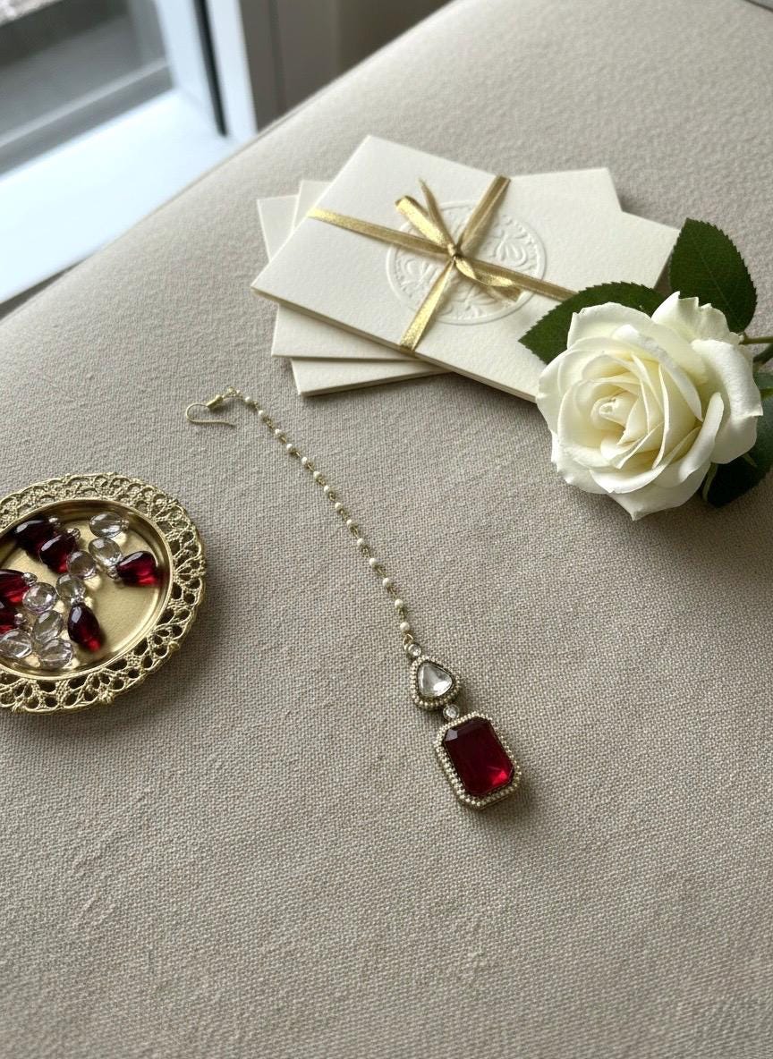 SAIRA Ruby red doublet stone maangtika in doublet stone, Indian bridal jewelry