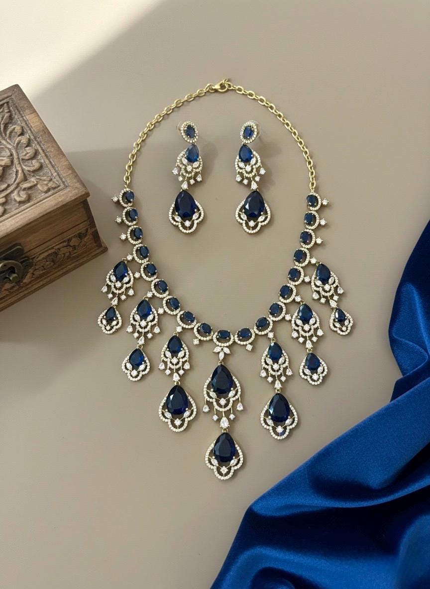 SHAMA navy blue cz and zircon  necklace set in mehndi golden polish, Indian pakistani bridal  jewelry in blue colour and antique polish
