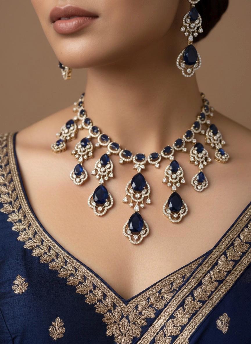SHAMA navy blue cz and zircon  necklace set in mehndi golden polish, Indian pakistani bridal  jewelry in blue colour and antique polish