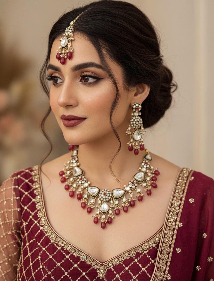 ASMITA Deep Ruby Kundan necklace set with Maangtika, Indian Pakistani traditional wedding bridal jewelry