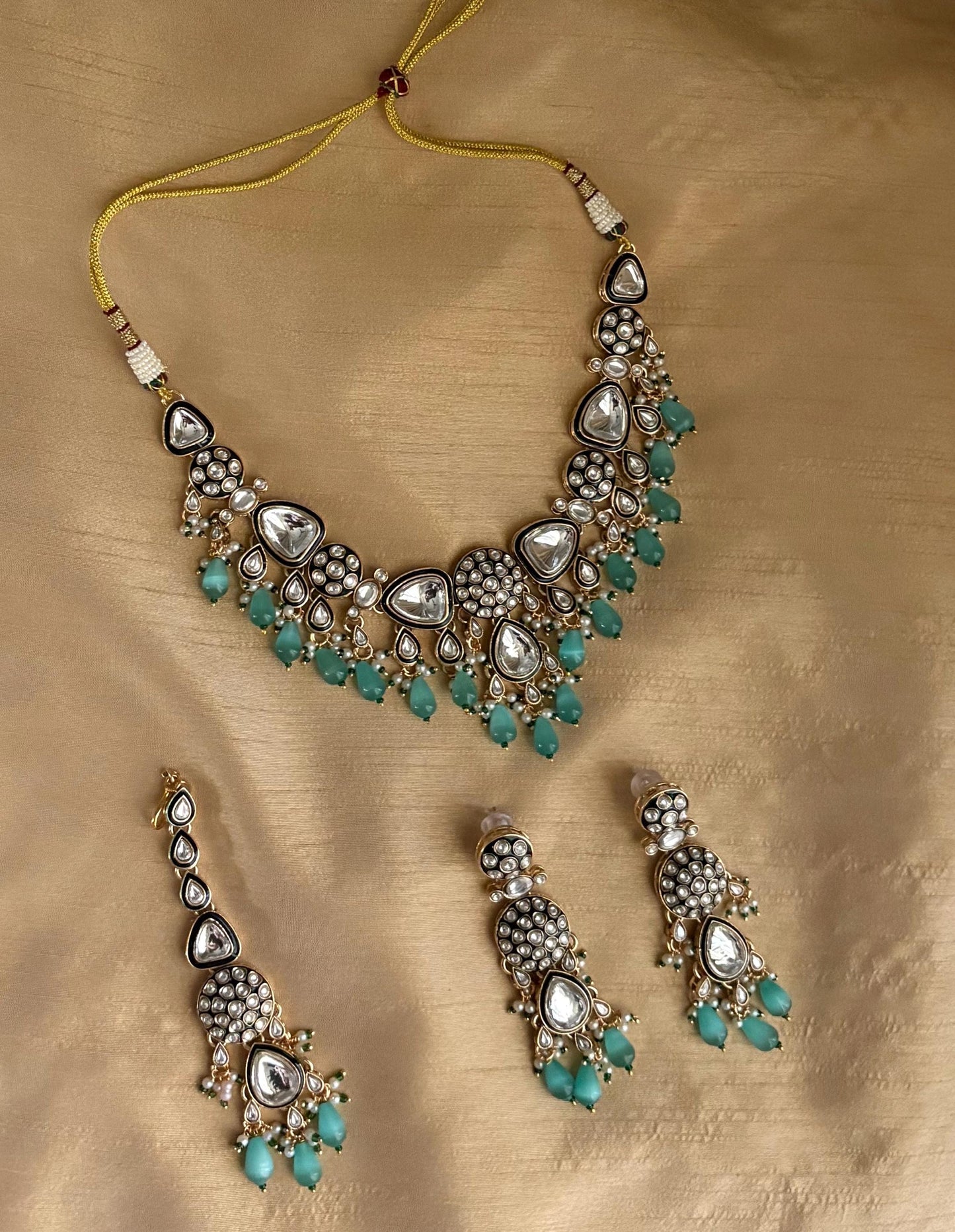 ASMITA mint Kundan necklace set with Maangtika, Indian Pakistani traditional wedding bridal jewelry