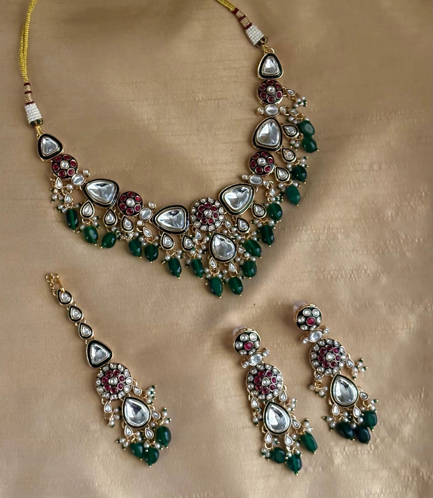 ASMITA Green Kundan necklace set with Maangtika, Indian Pakistani traditional wedding bridal jewelry