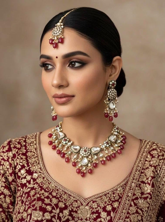 ASMITA Deep Ruby Kundan necklace set with Maangtika, Indian Pakistani traditional wedding bridal jewelry