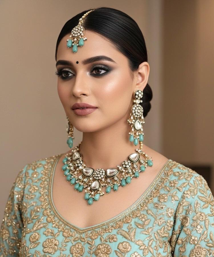 ASMITA mint Kundan necklace set with Maangtika, Indian Pakistani traditional wedding bridal jewelry