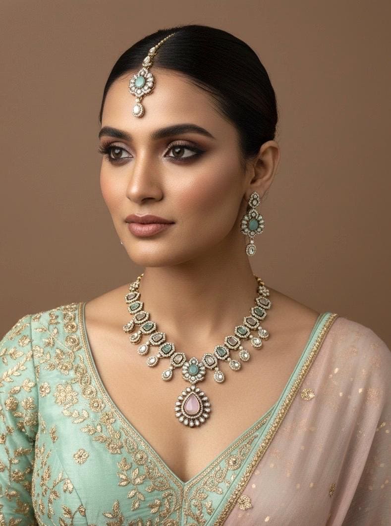 ZEYA Mint pink Kundan and cz zircon Choker necklace earrings and maangtika,Indian Pakistani traditional jewelery in Victorian style