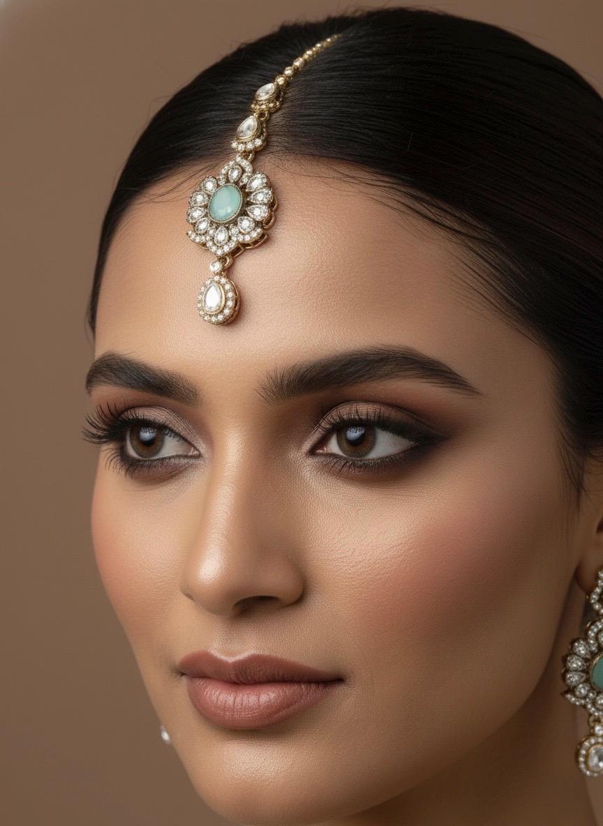ZEYA Mint pink Kundan and cz zircon Choker necklace earrings and maangtika,Indian Pakistani traditional jewelery in Victorian style