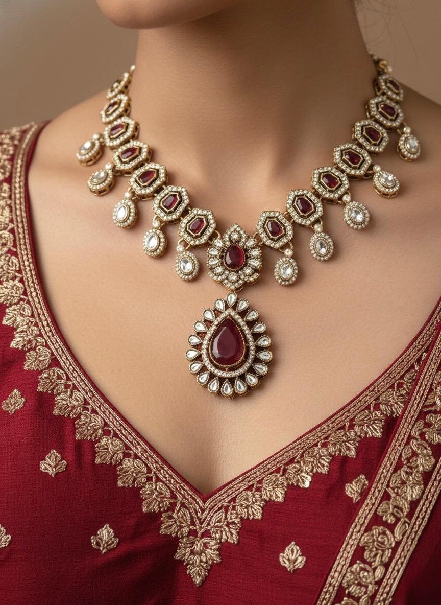 ZEYA Ruby red Kundan and cz zircon Choker necklace earrings and maangtika,Indian Pakistani traditional jewelery in Victorian style