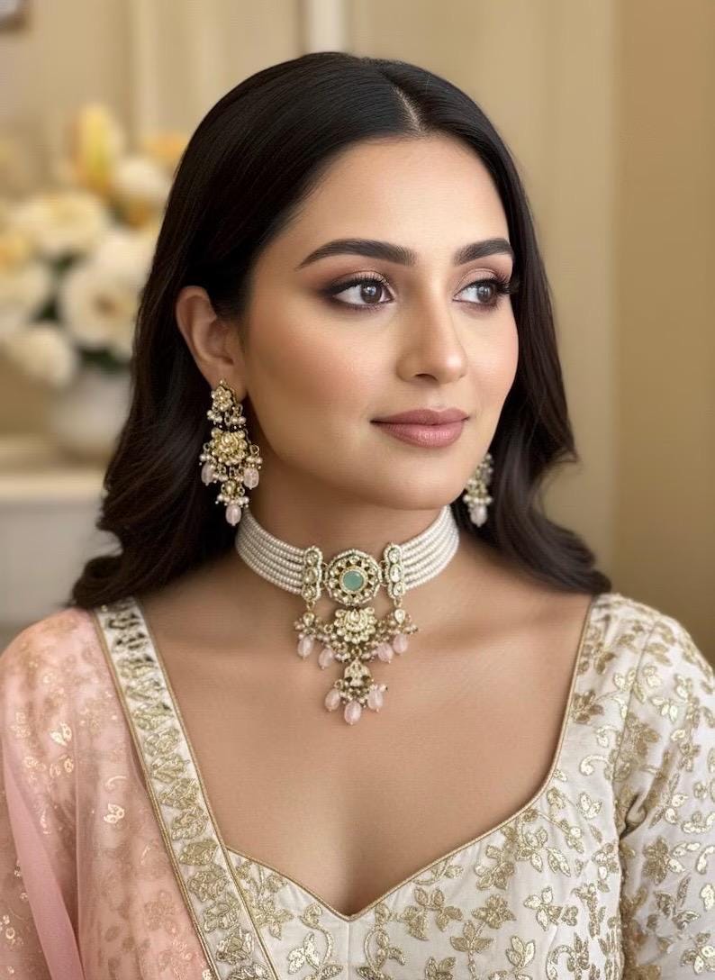 NADIRA Sabyasachi inspired mint pink Fusion Kundan choker set, necklace set, indian wedding Rajwada jewelry/ pakistani jewelry
