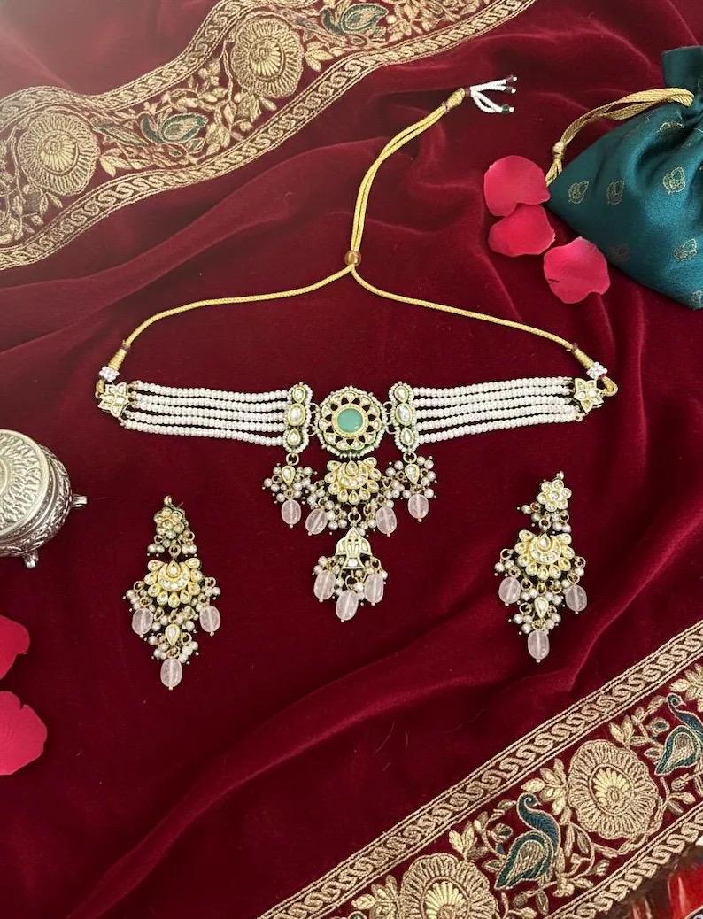 NADIRA Sabyasachi inspired mint pink Fusion Kundan choker set, necklace set, indian wedding Rajwada jewelry/ pakistani jewelry