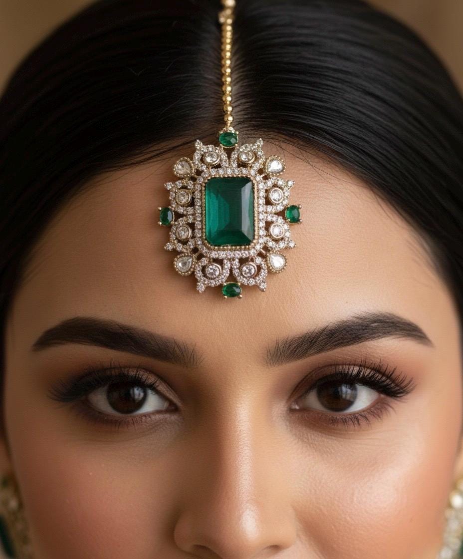 HANIA Emerald green doublet stone maangtika, Indian bridal jewelry