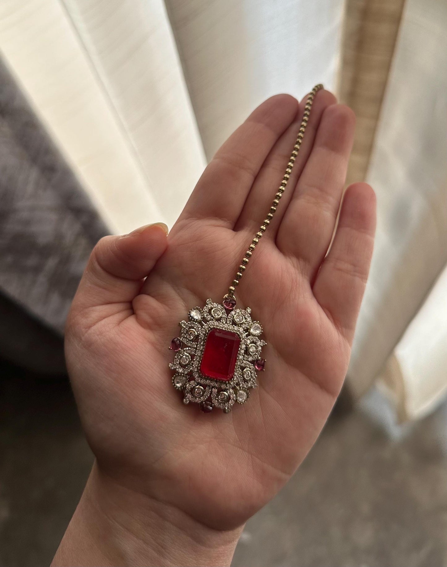 HANIA Ruby red doublet stone maangtika, Indian bridal jewelry