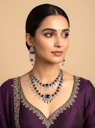 YUKTI Sabyasachi inspired purple colour cz and zircon sleek necklace set in  mehndi golden polish,Indian bridal wedding jewelry