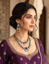 YUKTI Sabyasachi inspired purple colour cz and zircon sleek necklace set in  mehndi golden polish,Indian bridal wedding jewelry