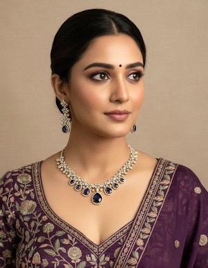 LAYLA Purple zircon sleek necklace set in  muted golden polish, Indian pakistani bridal  jewelry in purple colour