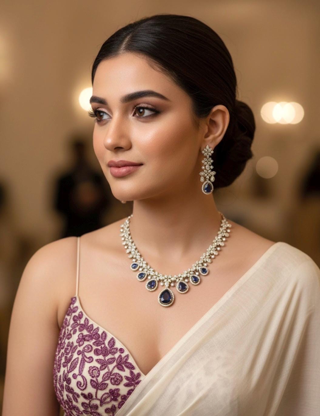 LAYLA Purple zircon sleek necklace set in  muted golden polish, Indian pakistani bridal  jewelry in purple colour