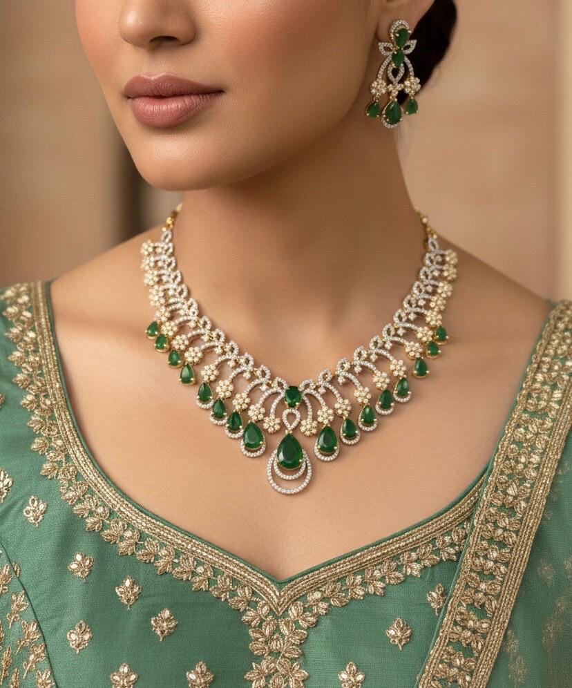 SANAM Real diamond look Emerald green cz zircom Necklace Set in golden polish /Pakistani bridal wedding jewelry,gold tone Indian jewellery