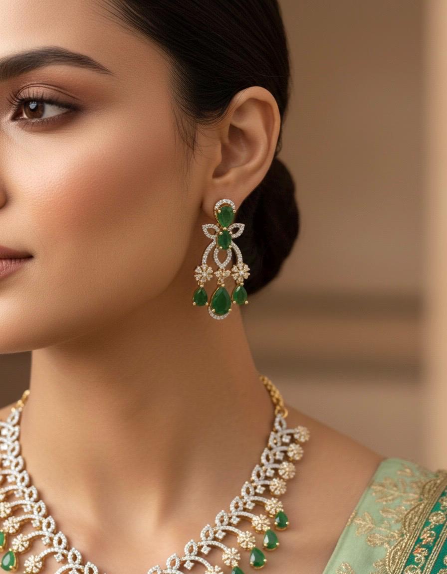 SANAM Real diamond look Emerald green cz zircom Necklace Set in golden polish /Pakistani bridal wedding jewelry,gold tone Indian jewellery