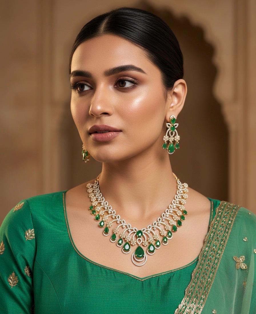 SANAM Real diamond look Emerald green cz zircom Necklace Set in golden polish /Pakistani bridal wedding jewelry,gold tone Indian jewellery