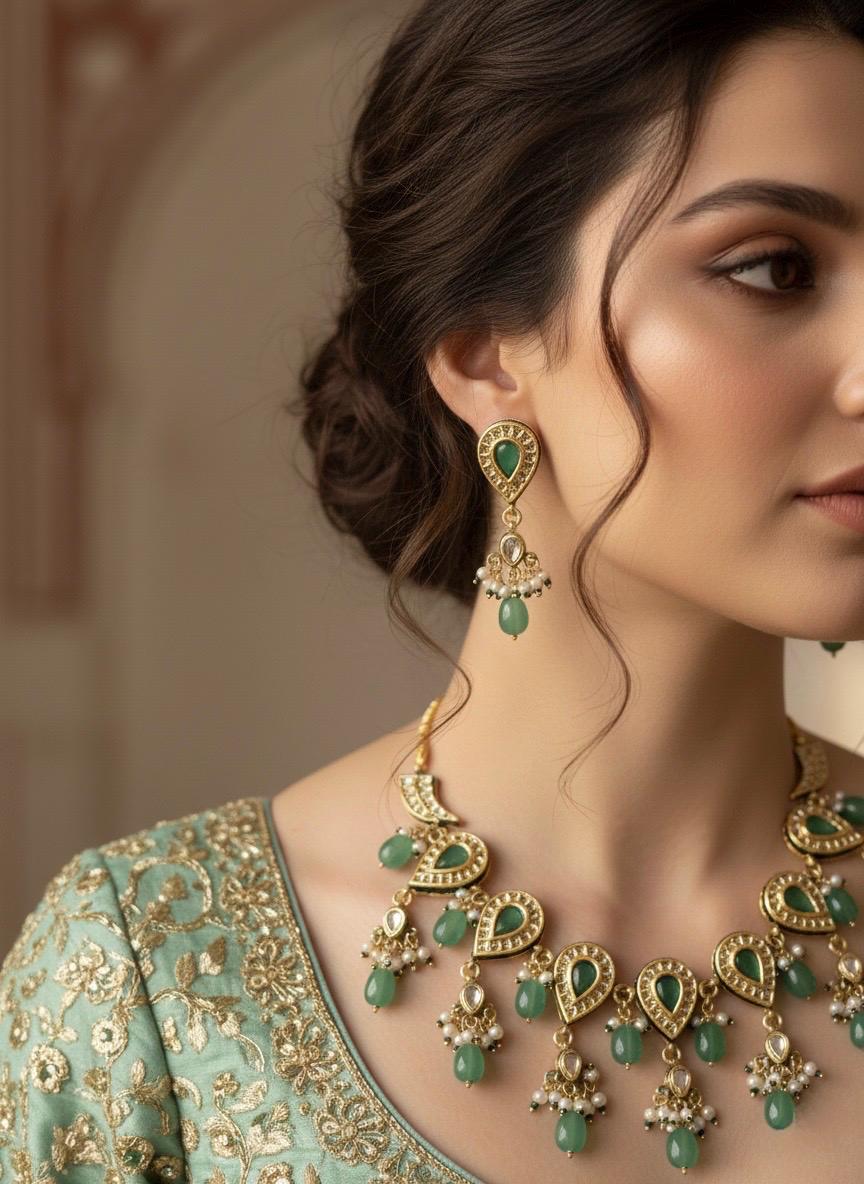 VEDIKA Sabyasachi inspired Mint  Fusion Kundan necklace set, indian wedding Rajwada jewelry/ pakistani jewelry