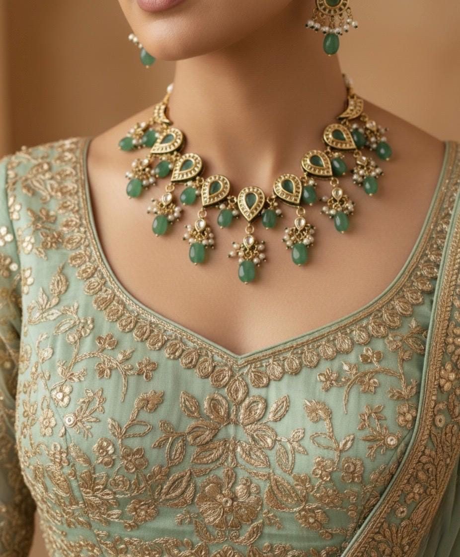VEDIKA Sabyasachi inspired Mint  Fusion Kundan necklace set, indian wedding Rajwada jewelry/ pakistani jewelry