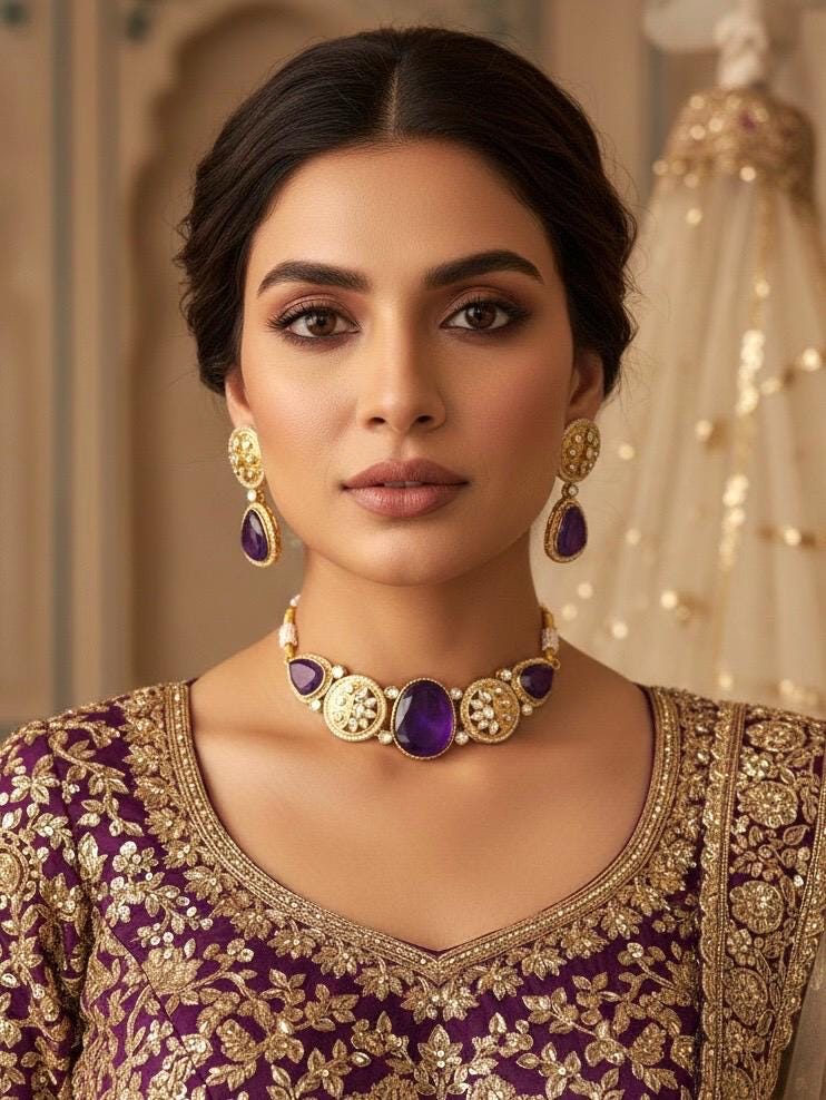 MEHA Purple Doublet Stone Choker Necklace Set with Earrings,Indian Pakistani wedding jewelry