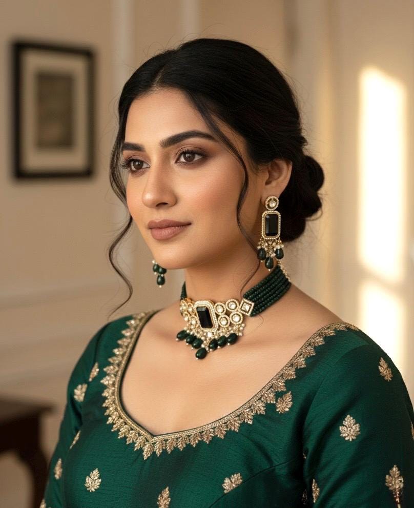 ZIMAL Green colour kundan and zircon choker  Necklace set, Indian Pakistani wedding bridal jewelry, green colour traditional jewelry