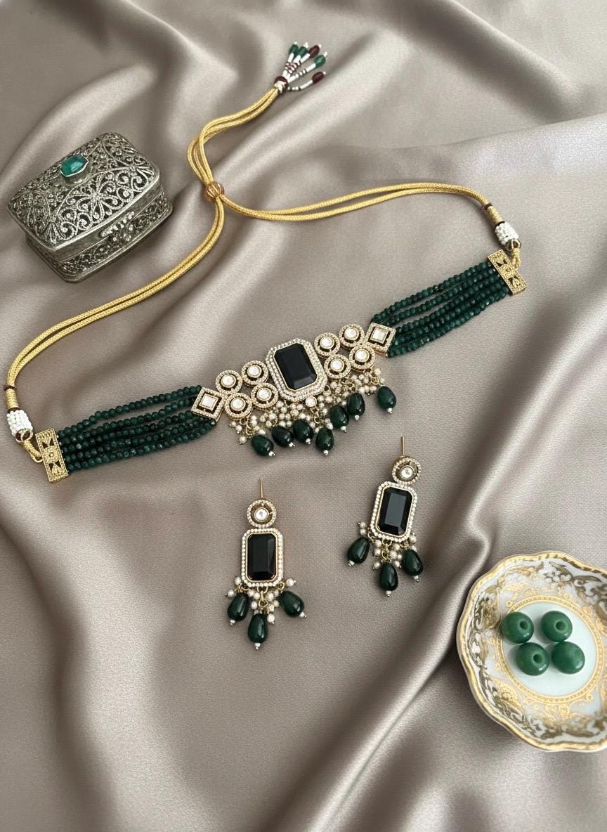 ZIMAL Green colour kundan and zircon choker  Necklace set, Indian Pakistani wedding bridal jewelry, green colour traditional jewelry