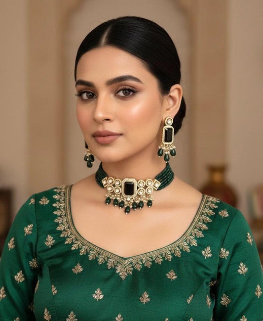 ZIMAL Green colour kundan and zircon choker  Necklace set, Indian Pakistani wedding bridal jewelry, green colour traditional jewelry