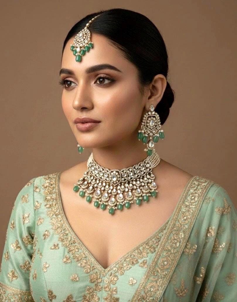 HAYA Mint and golden cz Kundan choker necklace set with maangtika, Indian Pakistani wedding bridal jewelry
