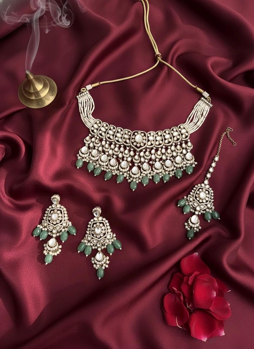 HAYA Mint and golden cz Kundan choker necklace set with maangtika, Indian Pakistani wedding bridal jewelry