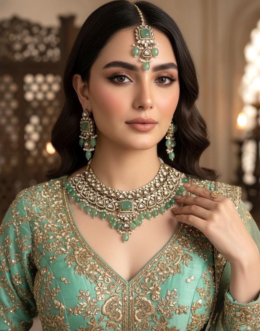 NOURIN  Mint Kundan necklace set with Maangtika, Indian Pakistani traditional light turquoise wedding bridal jewelry