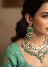 NOURIN  Mint Kundan necklace set with Maangtika, Indian Pakistani traditional light turquoise wedding bridal jewelry