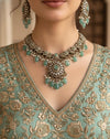 RAZIA Mint Kundan and cz zircon necklace earrings and maangtika,Indian Pakistani traditional jewelery in Victorian style