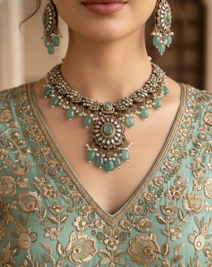 RAZIA Mint Kundan and cz zircon necklace earrings and maangtika,Indian Pakistani traditional jewelery in Victorian style