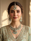 RAZIA Mint Kundan and cz zircon necklace earrings and maangtika,Indian Pakistani traditional jewelery in Victorian style