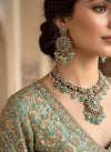 RAZIA Mint Kundan and cz zircon necklace earrings and maangtika,Indian Pakistani traditional jewelery in Victorian style