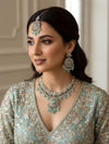 RAZIA Mint Kundan and cz zircon necklace earrings and maangtika,Indian Pakistani traditional jewelery in Victorian style