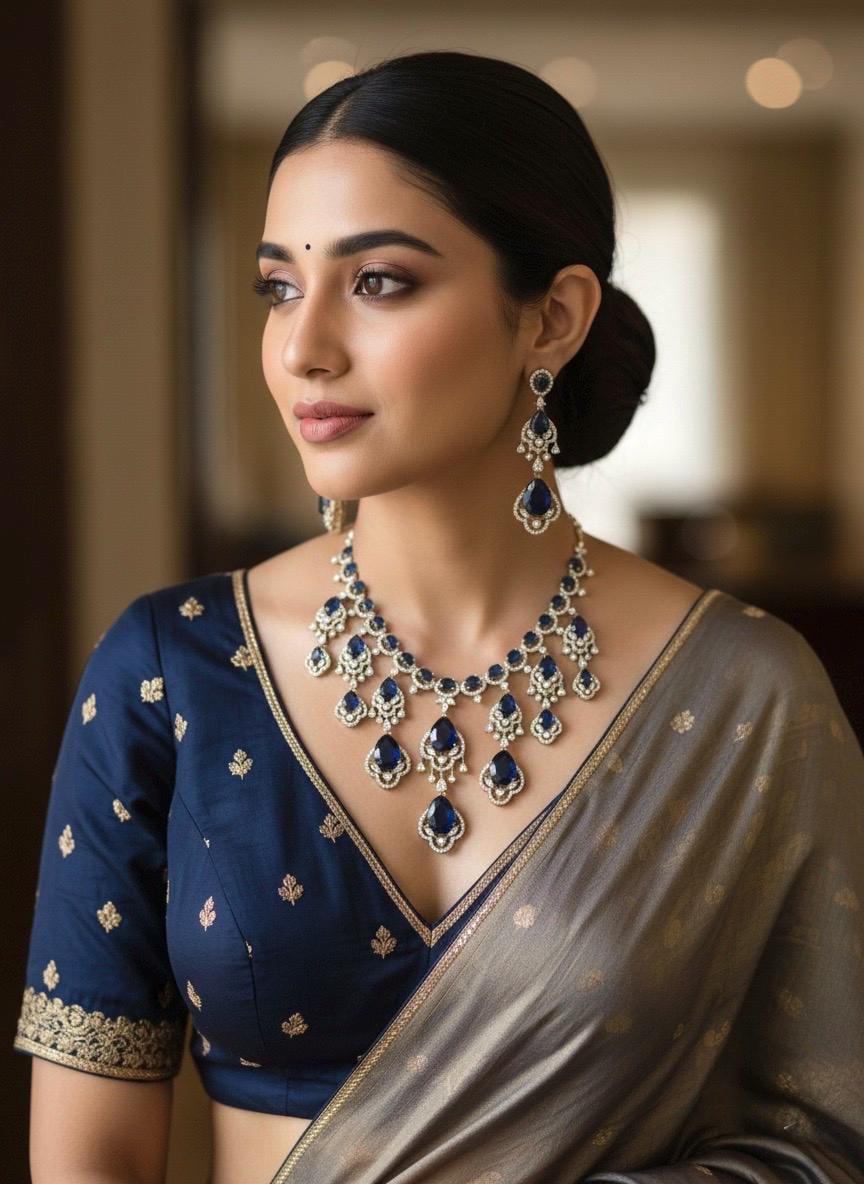 SHAMA navy blue cz and zircon  necklace set in mehndi golden polish, Indian pakistani bridal  jewelry in blue colour and antique polish