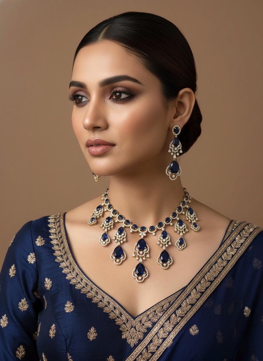 SHAMA navy blue cz and zircon  necklace set in mehndi golden polish, Indian pakistani bridal  jewelry in blue colour and antique polish